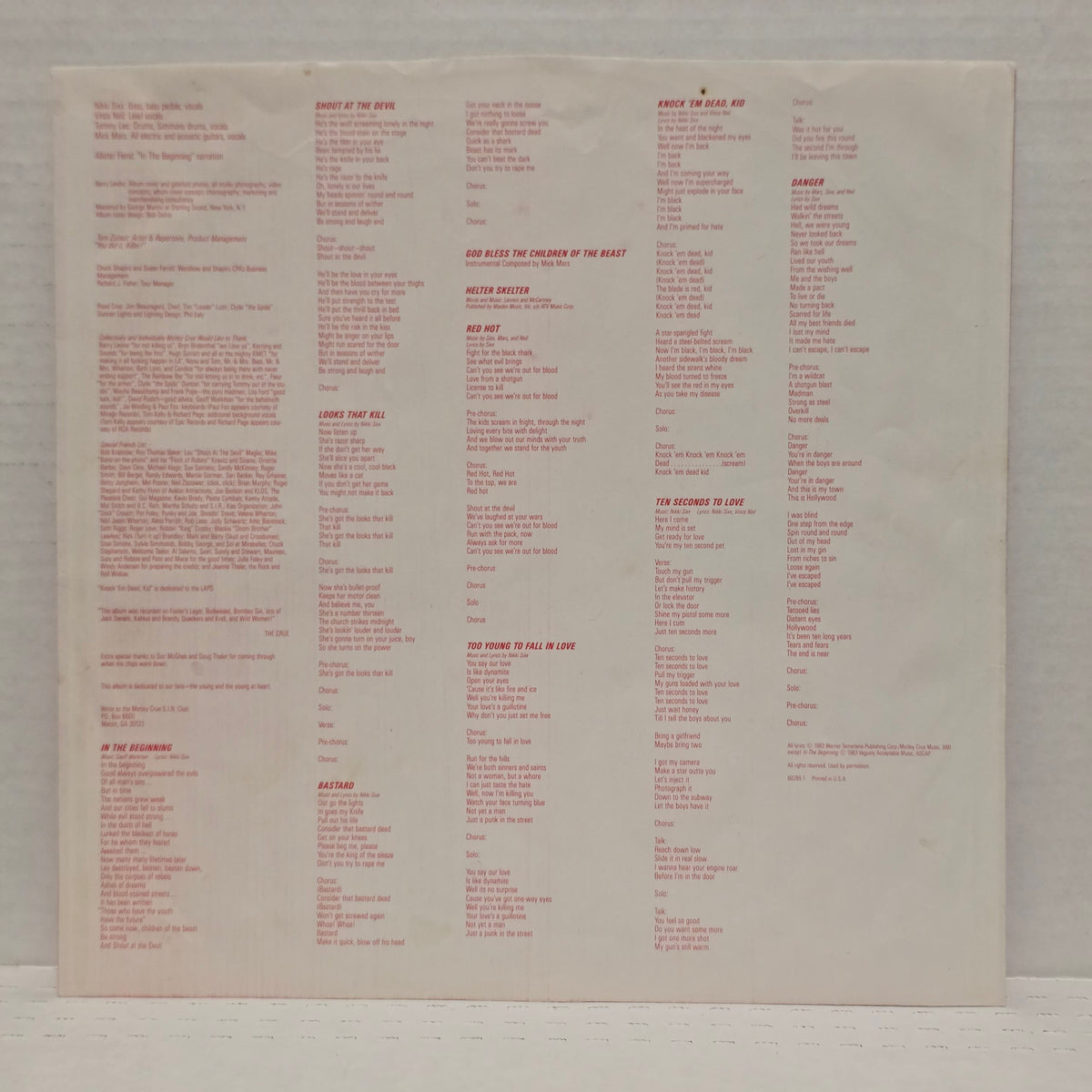 Motley Crue - Shout At The Devil - signed insert sleeve by 4 band members
