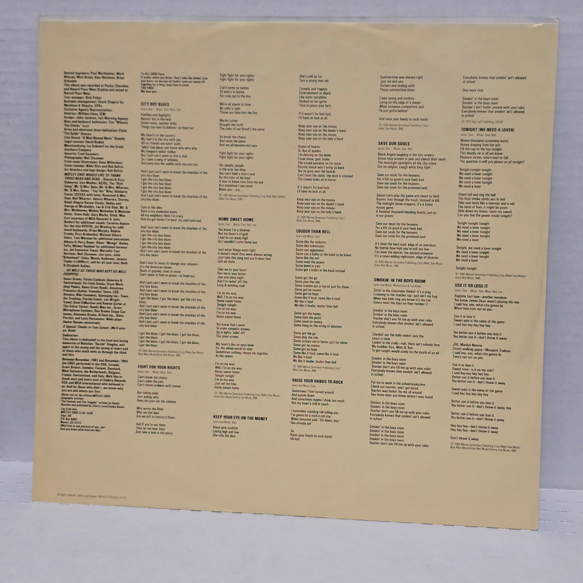 Motley Crue - Theatre Of Pain - signed insert sleeve by 4 band members